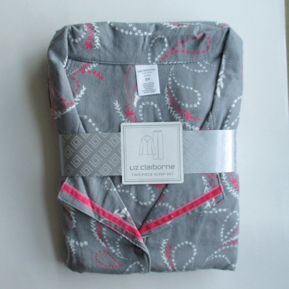 Liz Claiborne 100% Cotton Flannel Pajamas - gray/pink paisley print